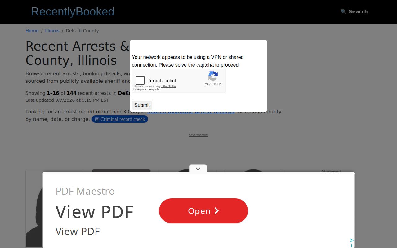 Unofficial RecentlyBooked DeKalb County current-day interface